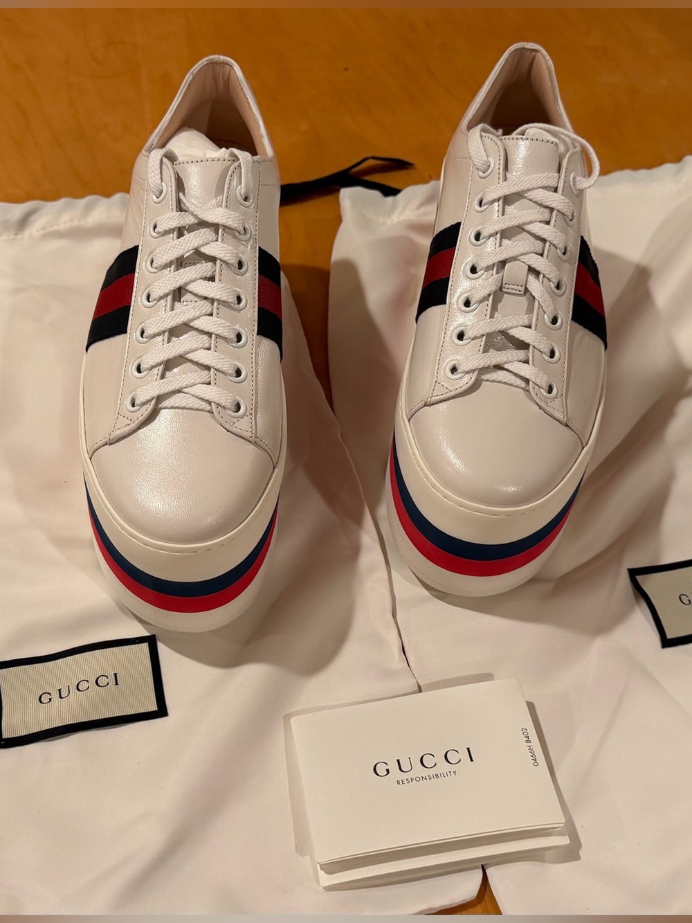 Gucci White Leather Platform Sneakers with Red & Blue Stripes - women